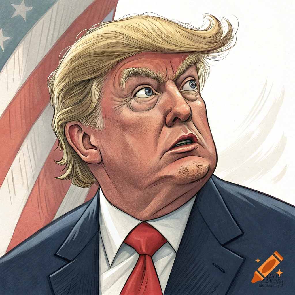 Caricature illustration of Donald Trump in a suit and red tie with an American flag background.