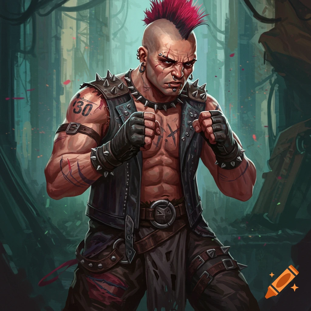 Stylized portrait of a punk man with red mohawk, piercings, and tattoos in a studded vest, in a fighting stance.