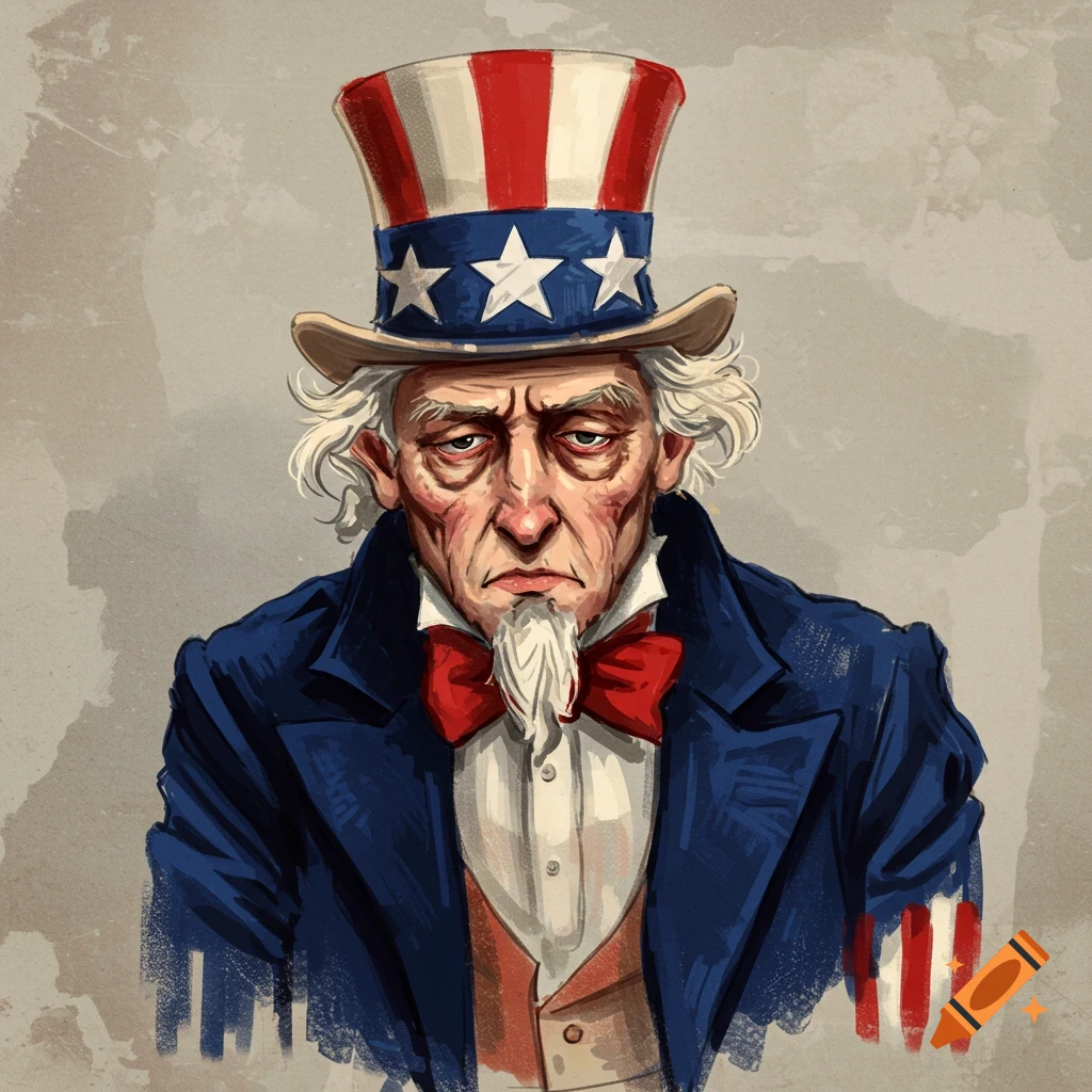 Stylized portrait illustration of a weary Uncle Sam in a hat, suit, and bow tie.