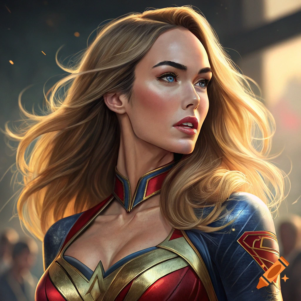 Close-up portrait of a woman with blonde hair in a red and blue superhero costume.