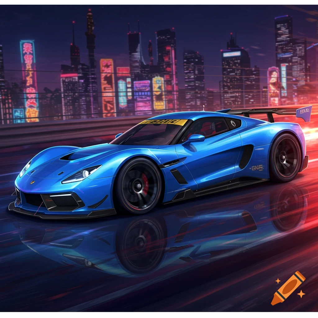 A blue futuristic race car speeds down a road in a neon-lit city at night. Digital art style.