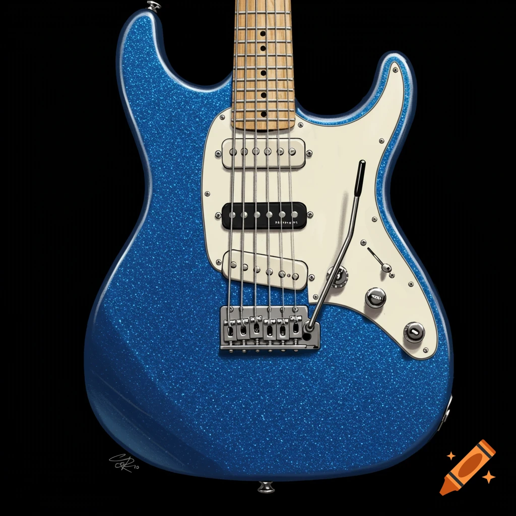 A detailed close-up illustration of a blue sparkle electric guitar.