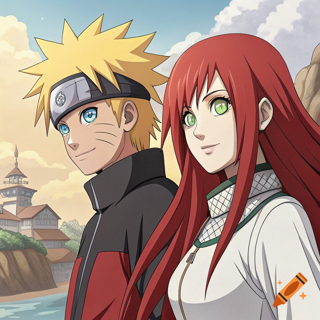 Anime art of Naruto and a red-haired girl standing outdoors.