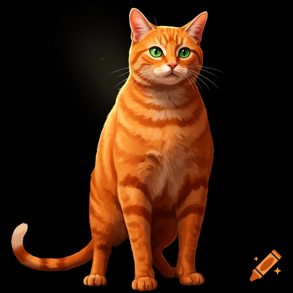 An orange tabby cat with green eyes sits against a black background in a stylized illustration.