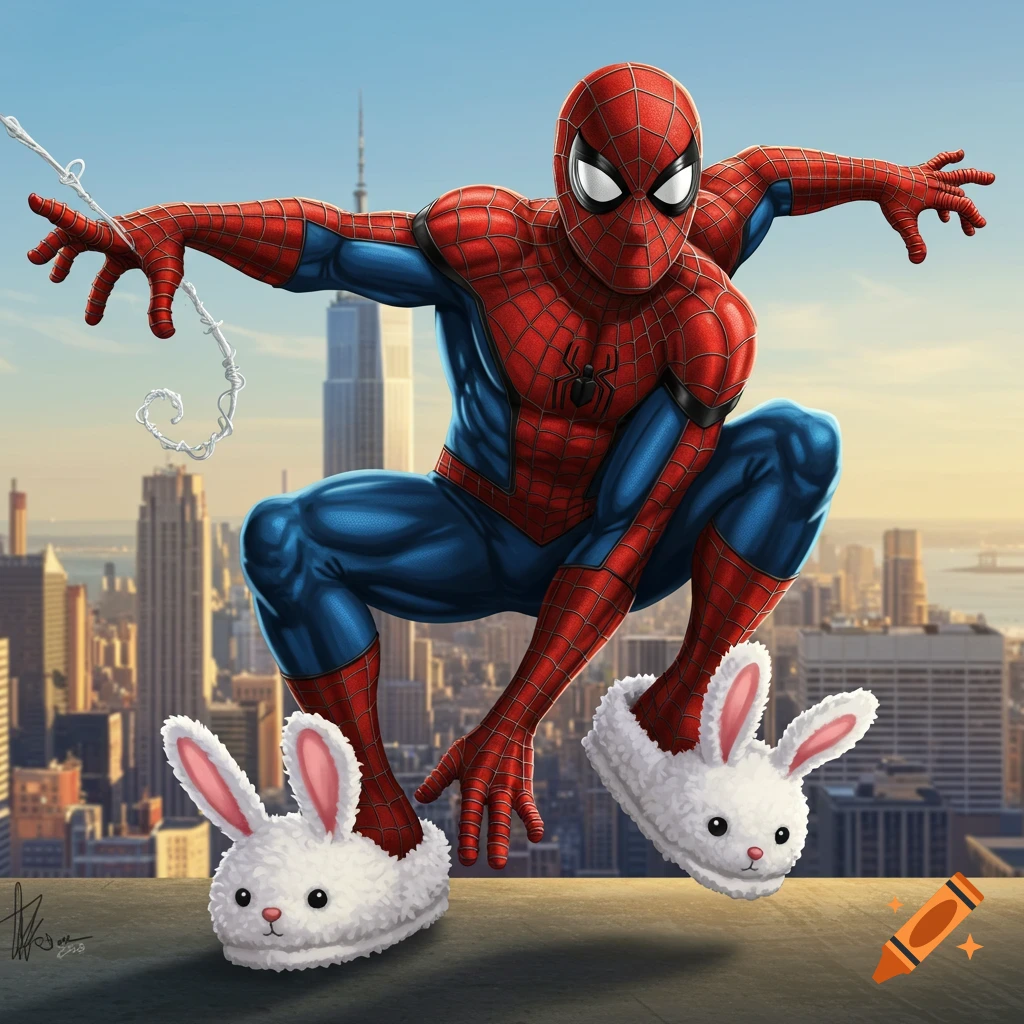Spiderman wearing bunny slippers on a rooftop overlooking a city skyline
