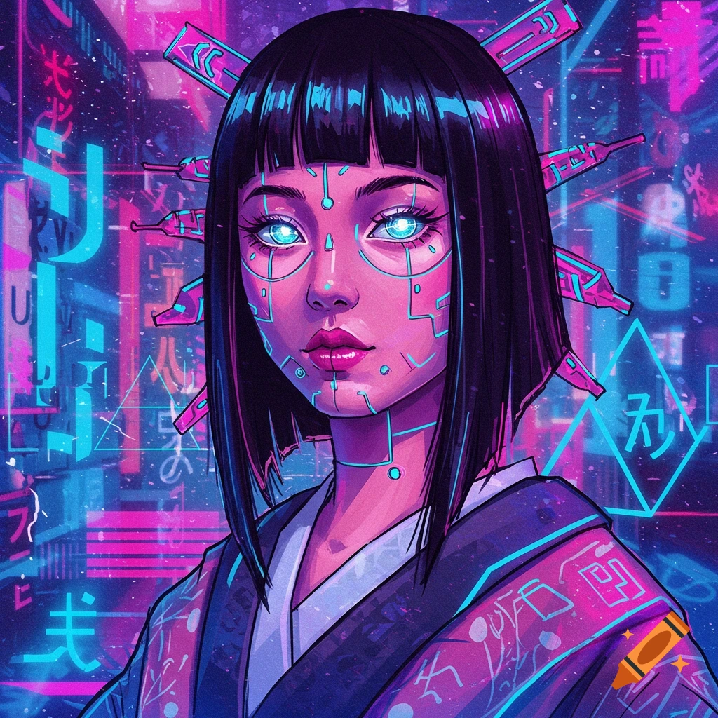 Futuristic portrait of a Japanese woman with geometric patterns in a cyberpunk style