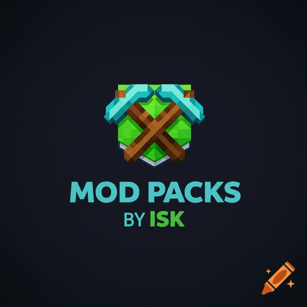 Logo with crossed mining pickaxes over a green shield and text 'MOD PACKS BY ISK'.