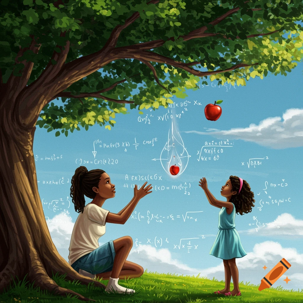 Illustration of two girls under a tree with a falling apple and floating physics equations.