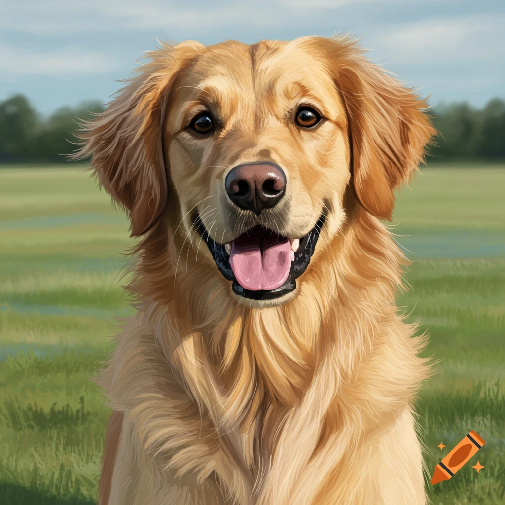 A close-up of a happy Golden Retriever dog in a field.