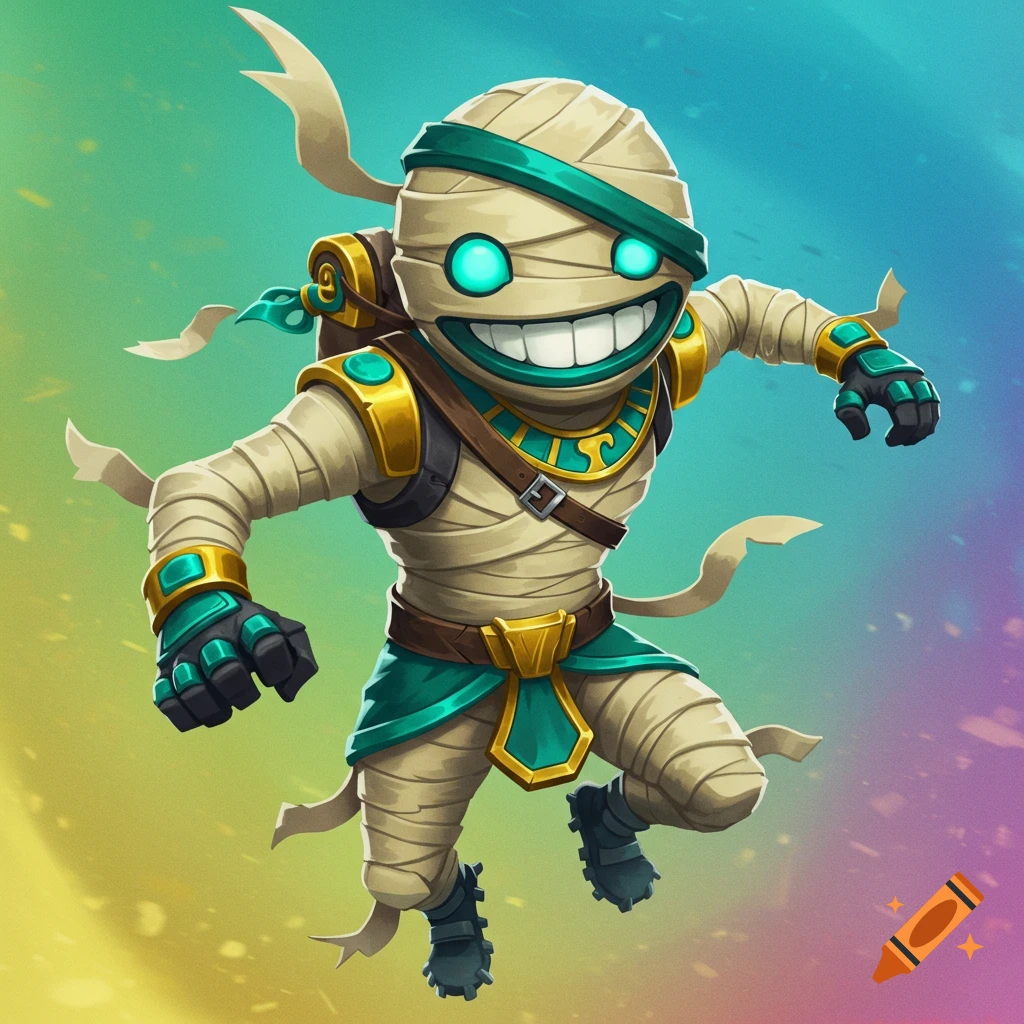 A cartoon mummy character with glowing eyes and a wide smile, wearing bandages, gold armor, and teal accents, jumping against a colorful gradient background.