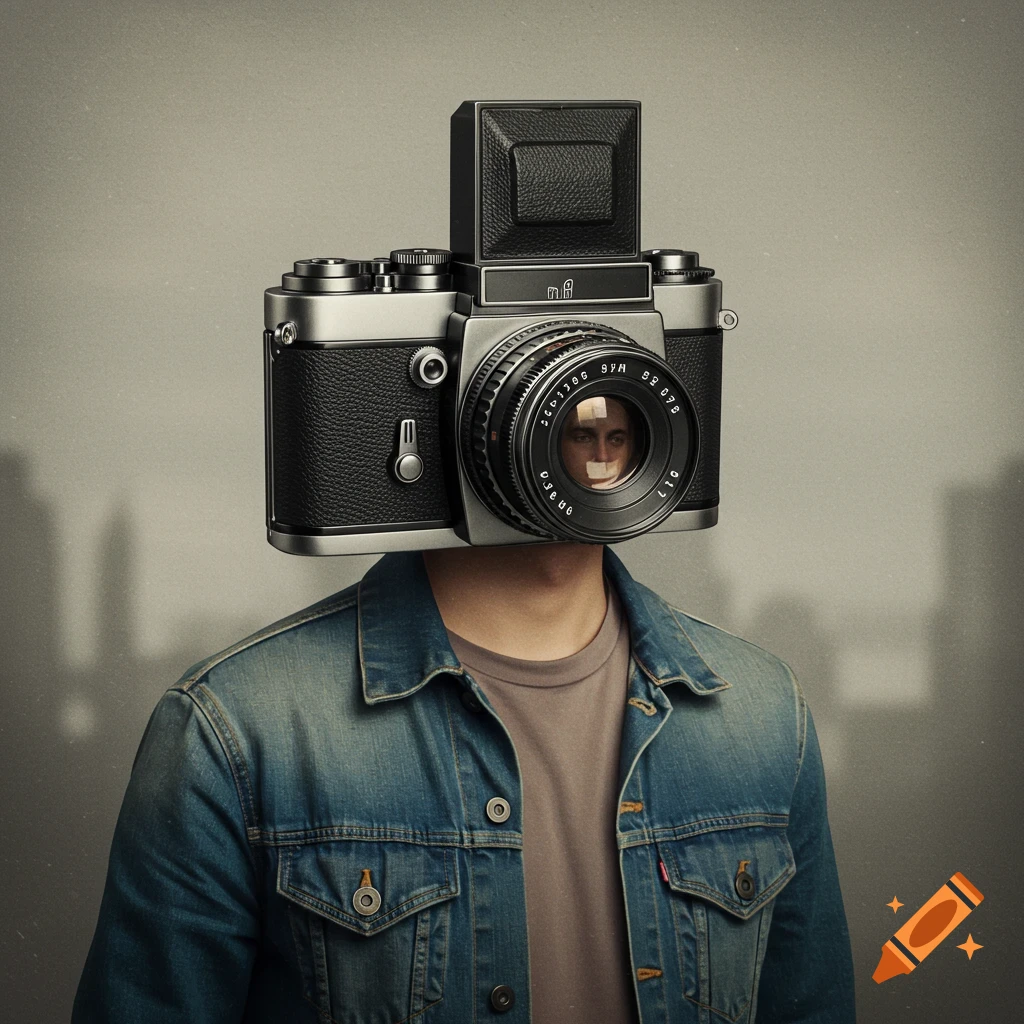 A man wearing a denim jacket with a vintage camera for a head.