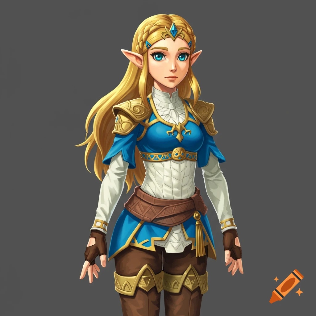 A character resembling Zelda from Breath of the Wild, wearing a blue tunic and gold armor.