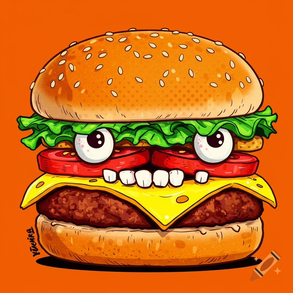 Pop art illustration of a cartoon hamburger creature with big eyes and teeth.