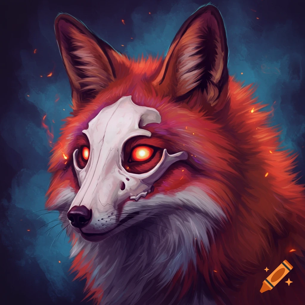 Illustration of a red fox wearing a skull mask with glowing red eyes against a dark background.