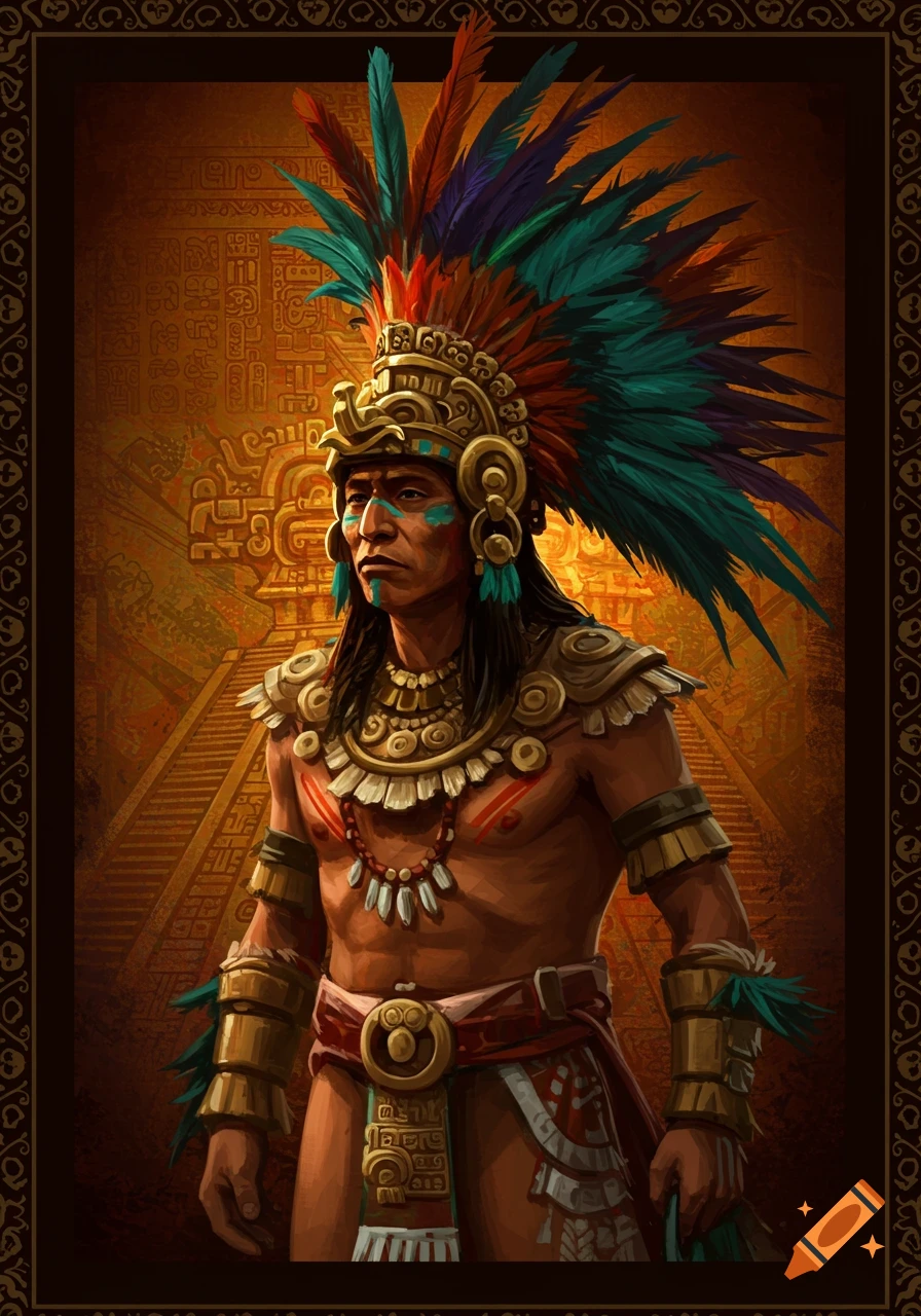 Detailed illustration of an Aztec warrior in ornate headdress and attire standing before a temple.