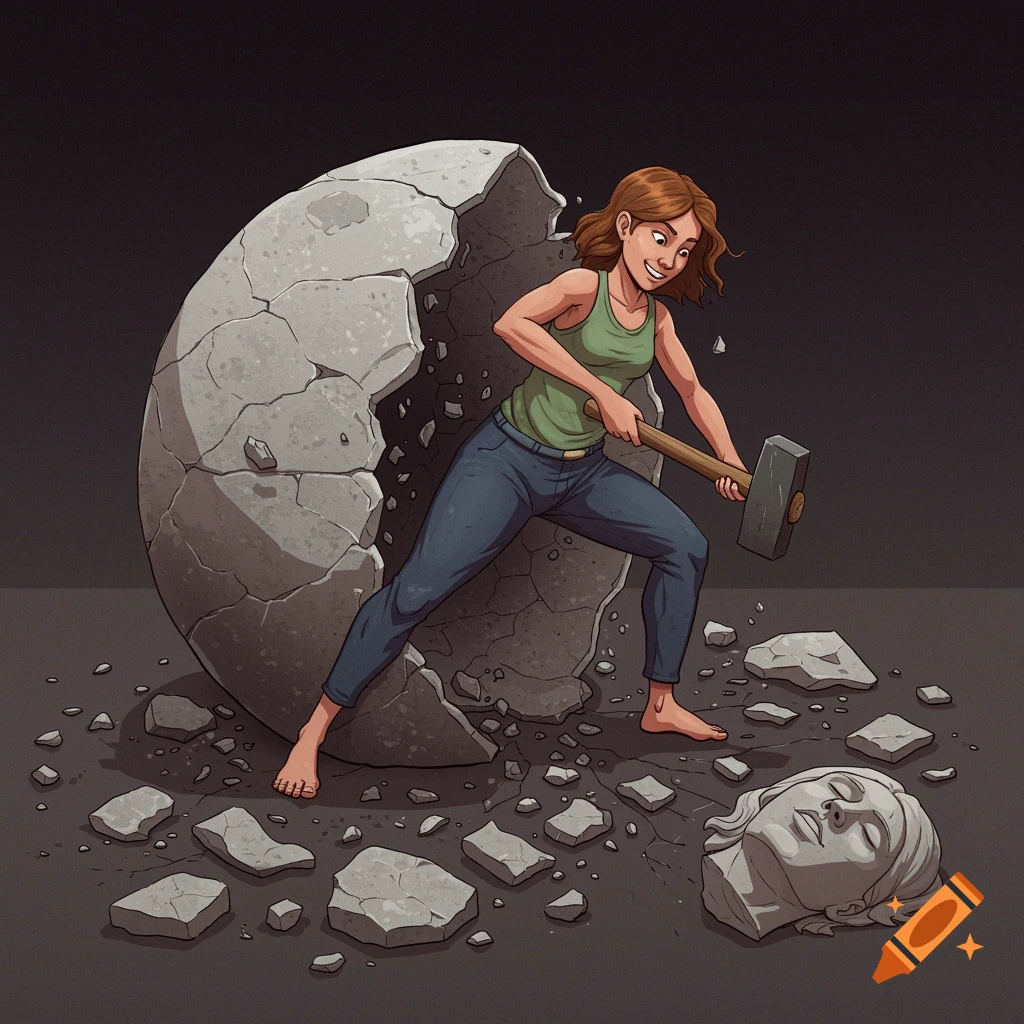 Illustration of a woman sculpting herself, breaking a stone shell to ...