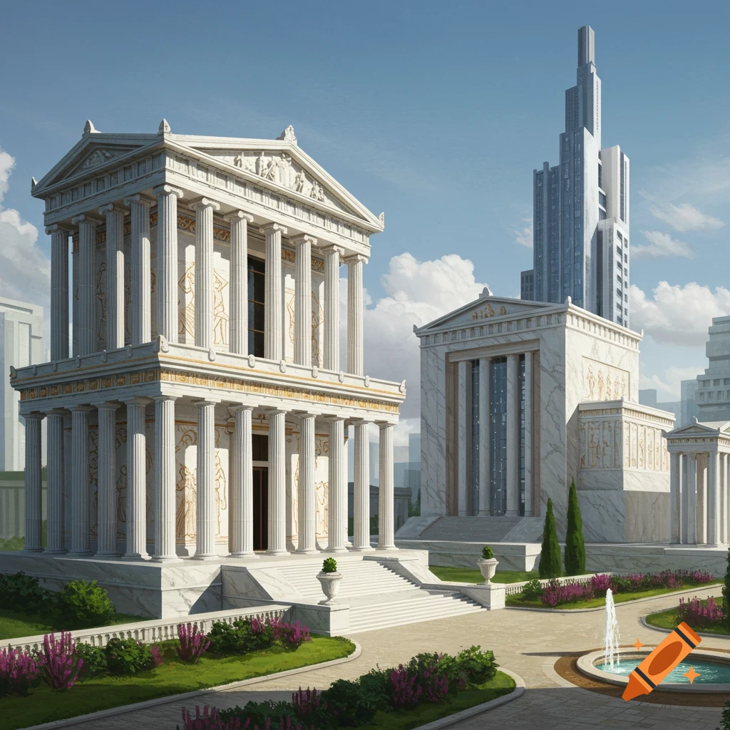 Ancient Greek style buildings and a modern skyscraper stand in a park with gardens and a fountain under a blue sky.