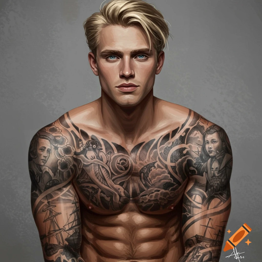 A muscular blonde man with blue eyes is covered in intricate chest and arm tattoos.