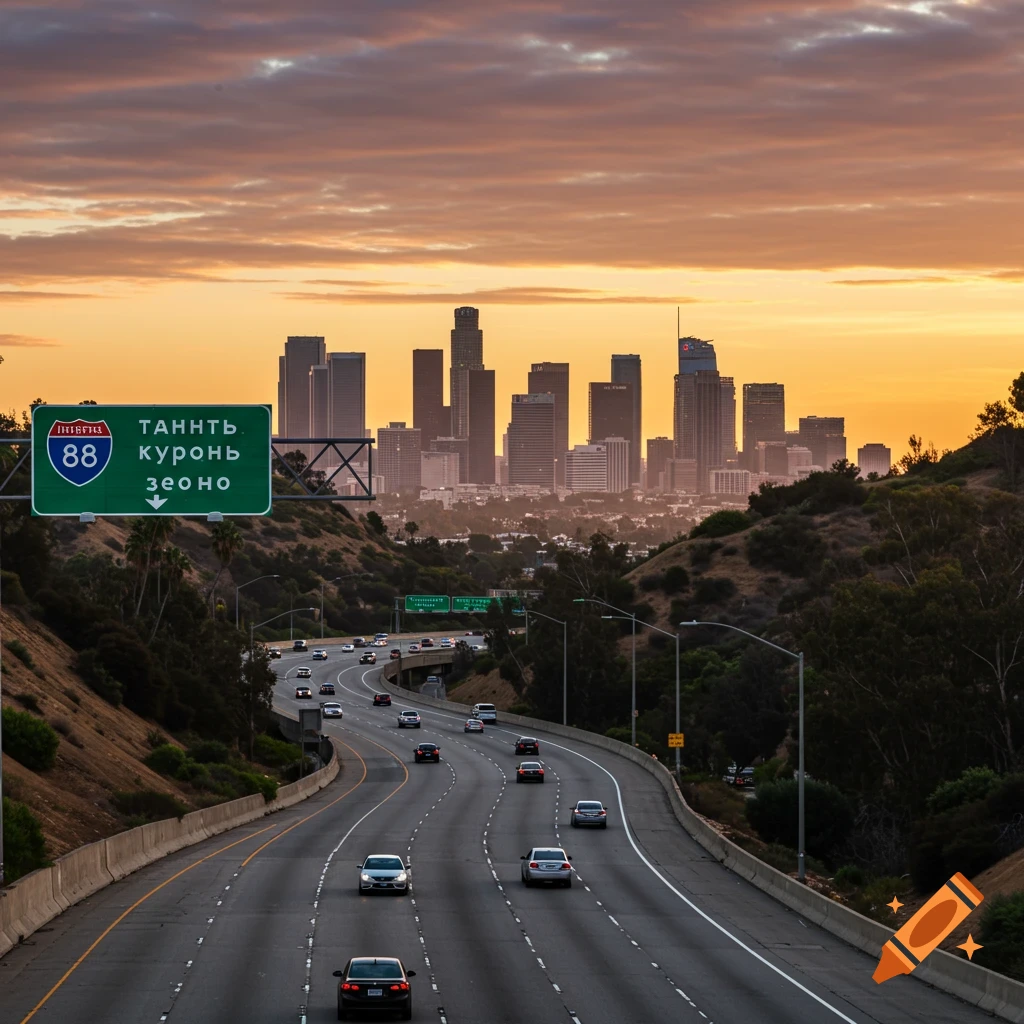 A highway curves towards a city skyline at sunset, with cars on the road and a green sign on the left.