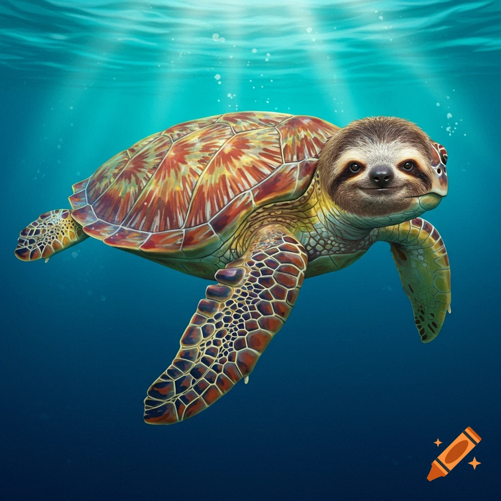 An illustration of a sea turtle with a sloth head swimming underwater.