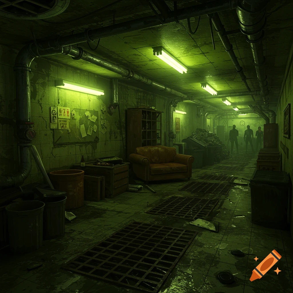 Dark, damp corridor with green fluorescent lights, pipes, grates, an old couch, and indistinct figures in the distance.