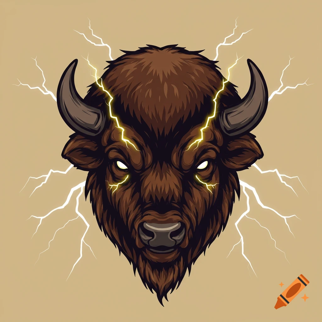 Vector illustration of a bison head surrounded by lightning