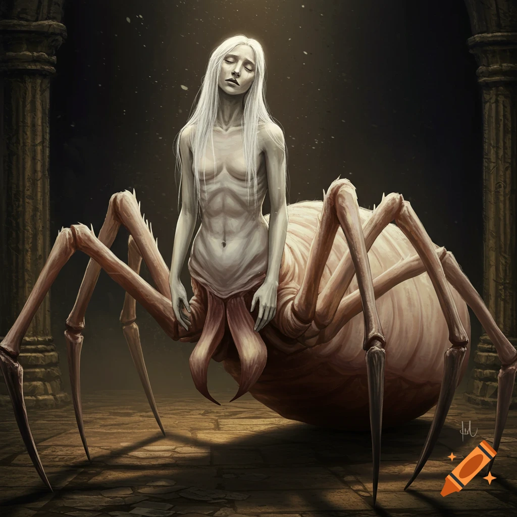 A pale woman's torso is attached to a large spider body in a dark cavern.