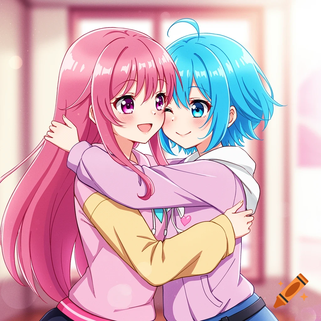 Two anime girls hug happily