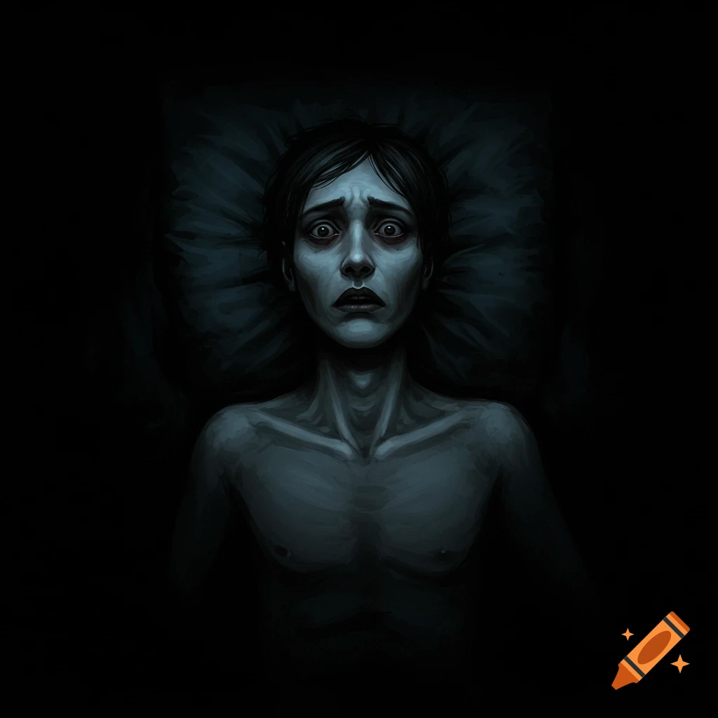 Illustration of a person lying awake in darkness with wide, fearful eyes, depicting sleep paralysis.