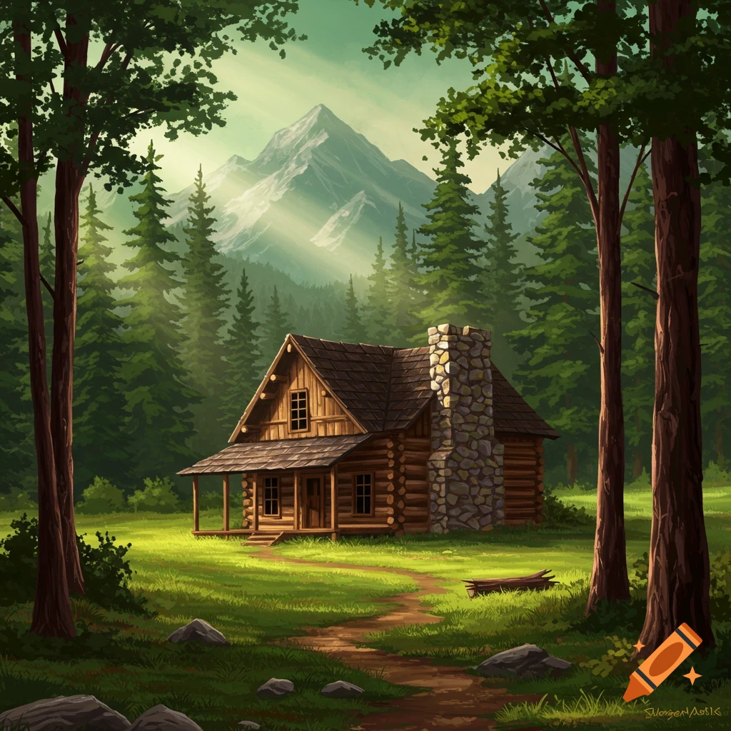 A log cabin sits in a grassy clearing surrounded by pine trees, with misty mountains in the background.