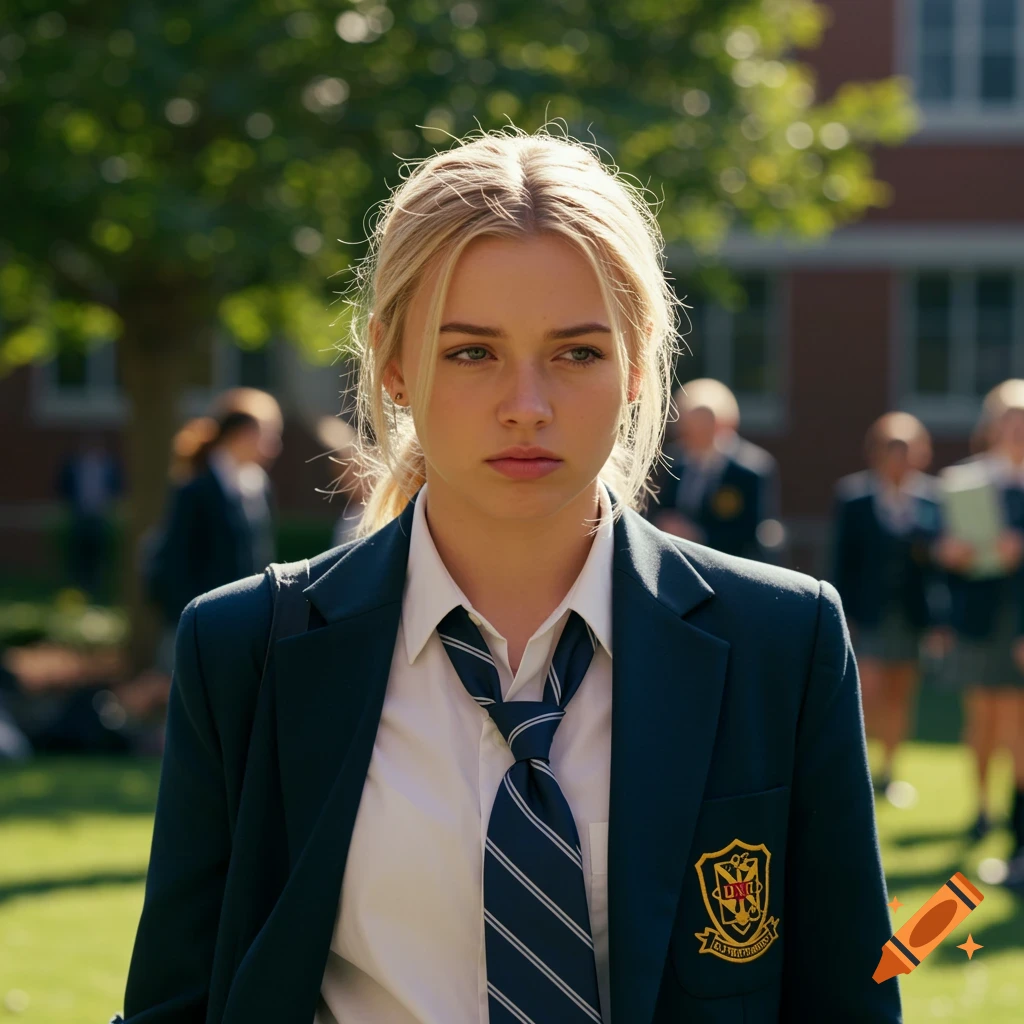 Photorealistic portrait of a blonde female student in school uniform standing outside