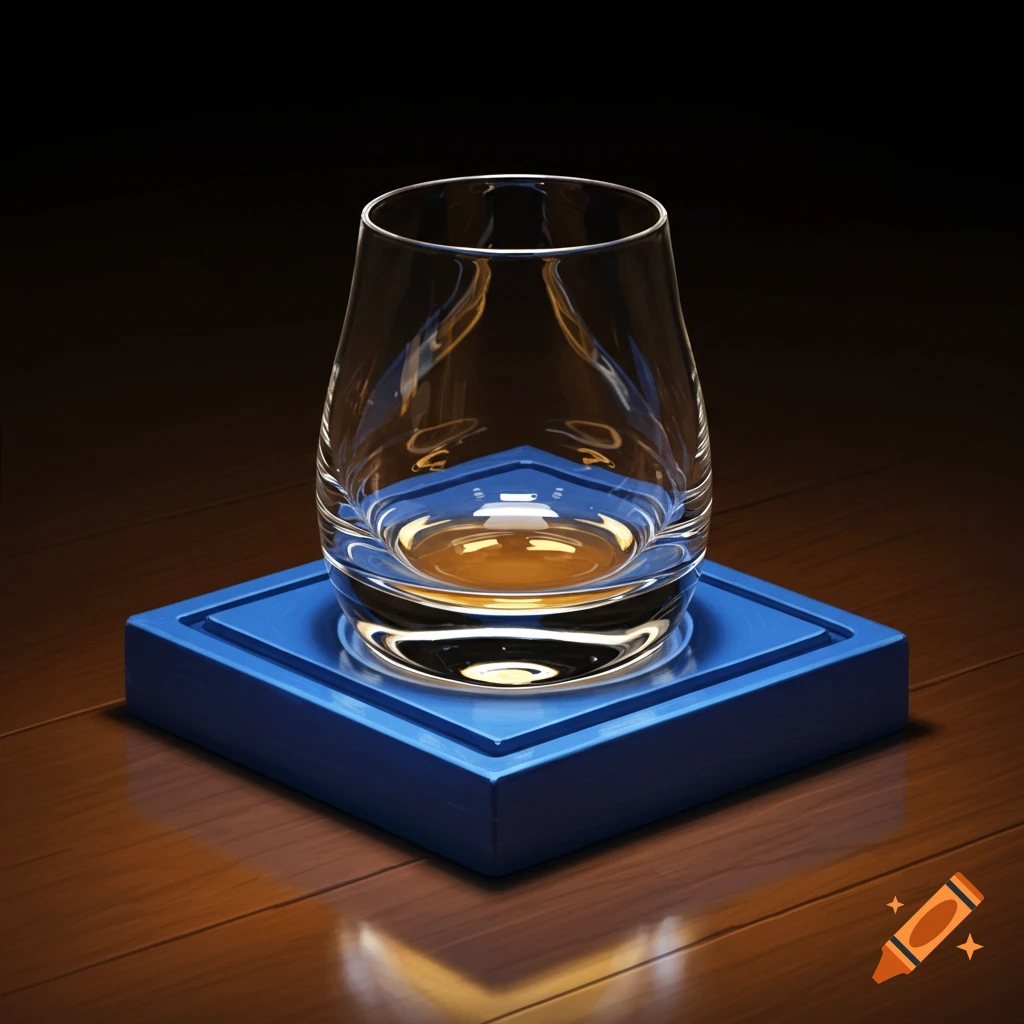 Glass of scotch on a blue backgammon piece on a wooden table.