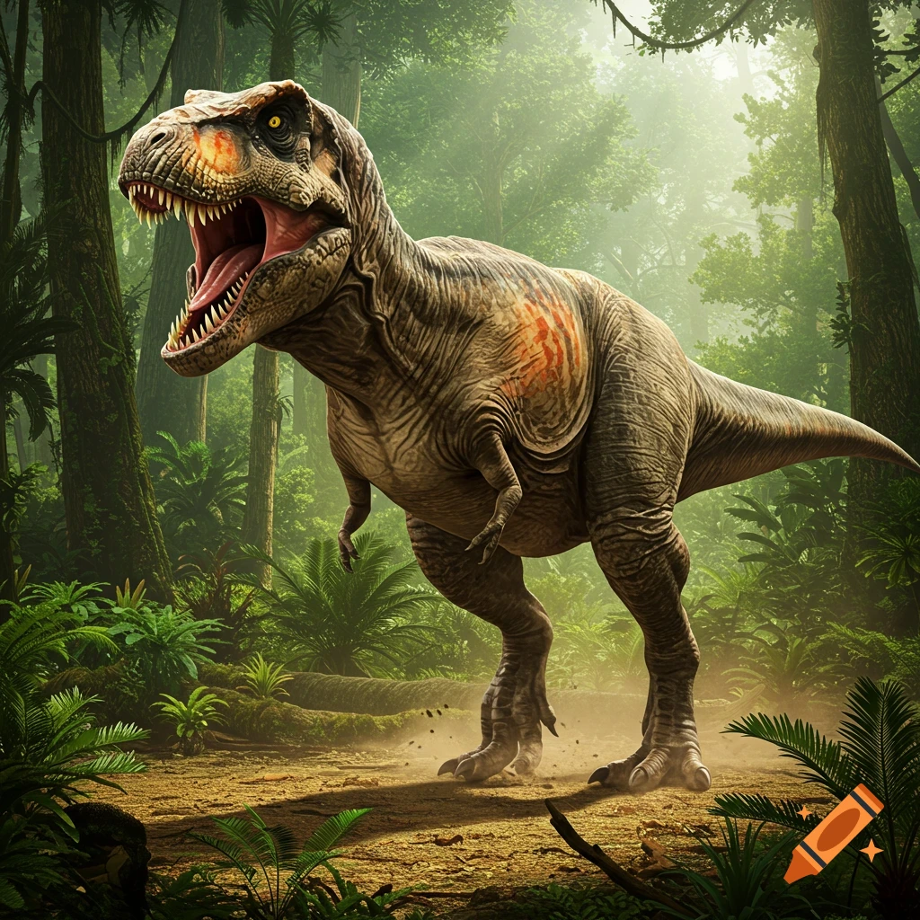 Photorealistic rendering of a Tyrannosaurus Rex roaring in a jungle setting.