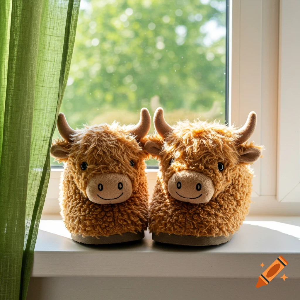 Two fluffy brown Highland cow slippers sit on a windowsill by green curtains