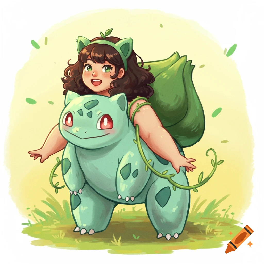 Cute cartoon illustration of a girl in a Bulbasaur costume standing in grass.