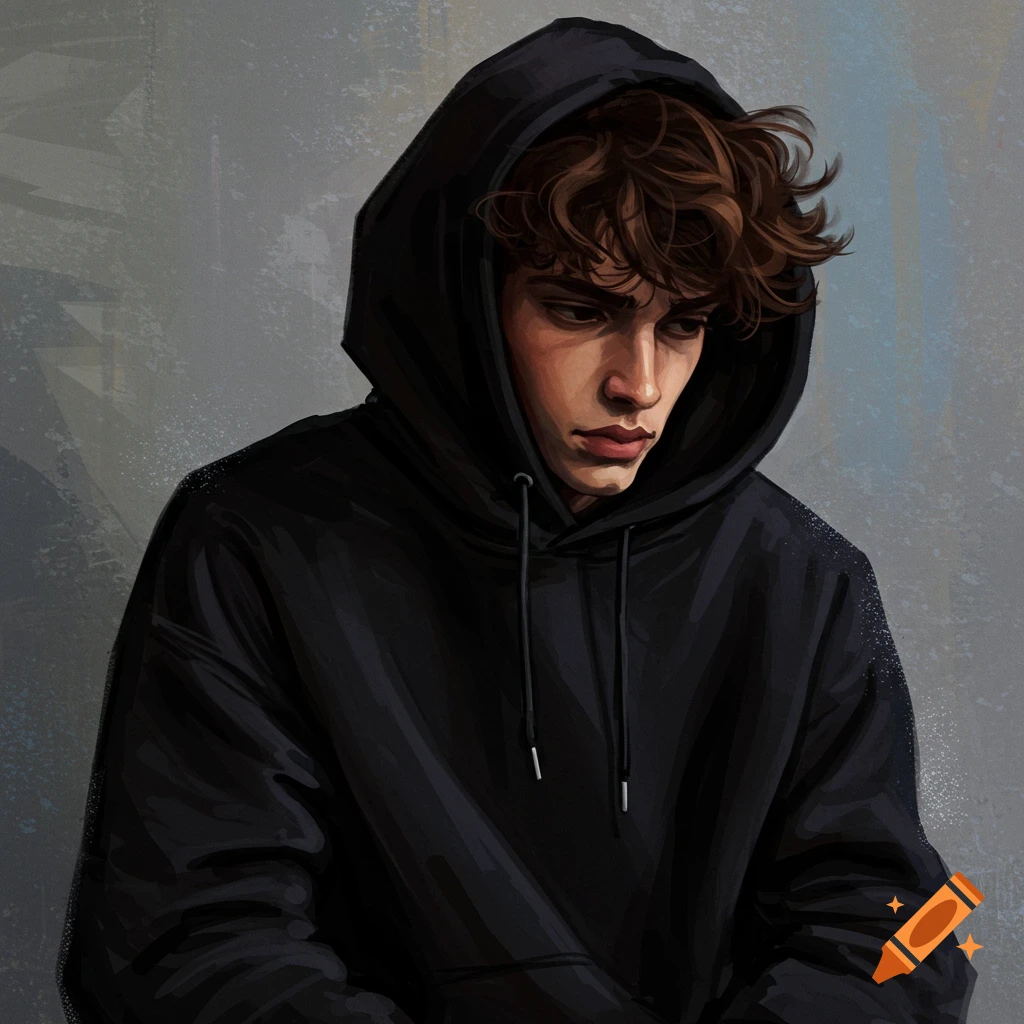 A young man in a black hoodie looking down.