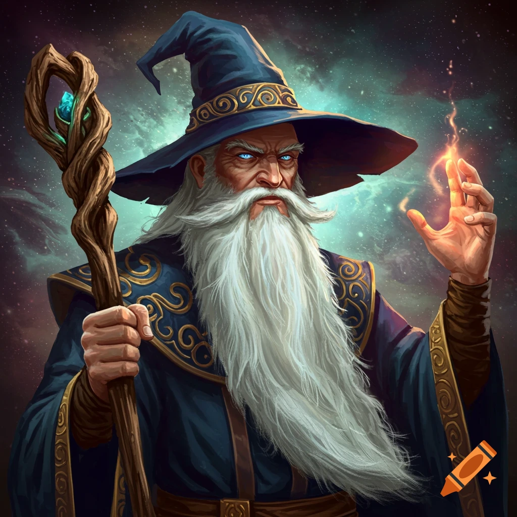 An old wizard stands with a staff and glowing hand against a starry background.