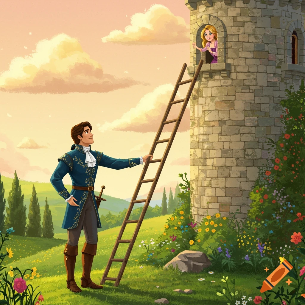 An illustration of a prince climbing a ladder to a tower window where a princess looks out.