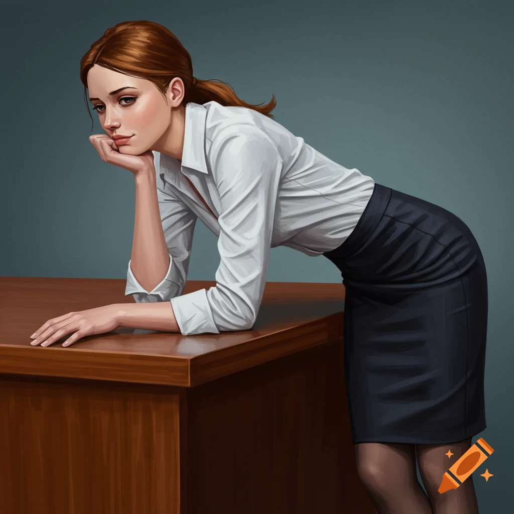 A woman in a white shirt and black skirt leans on a desk.