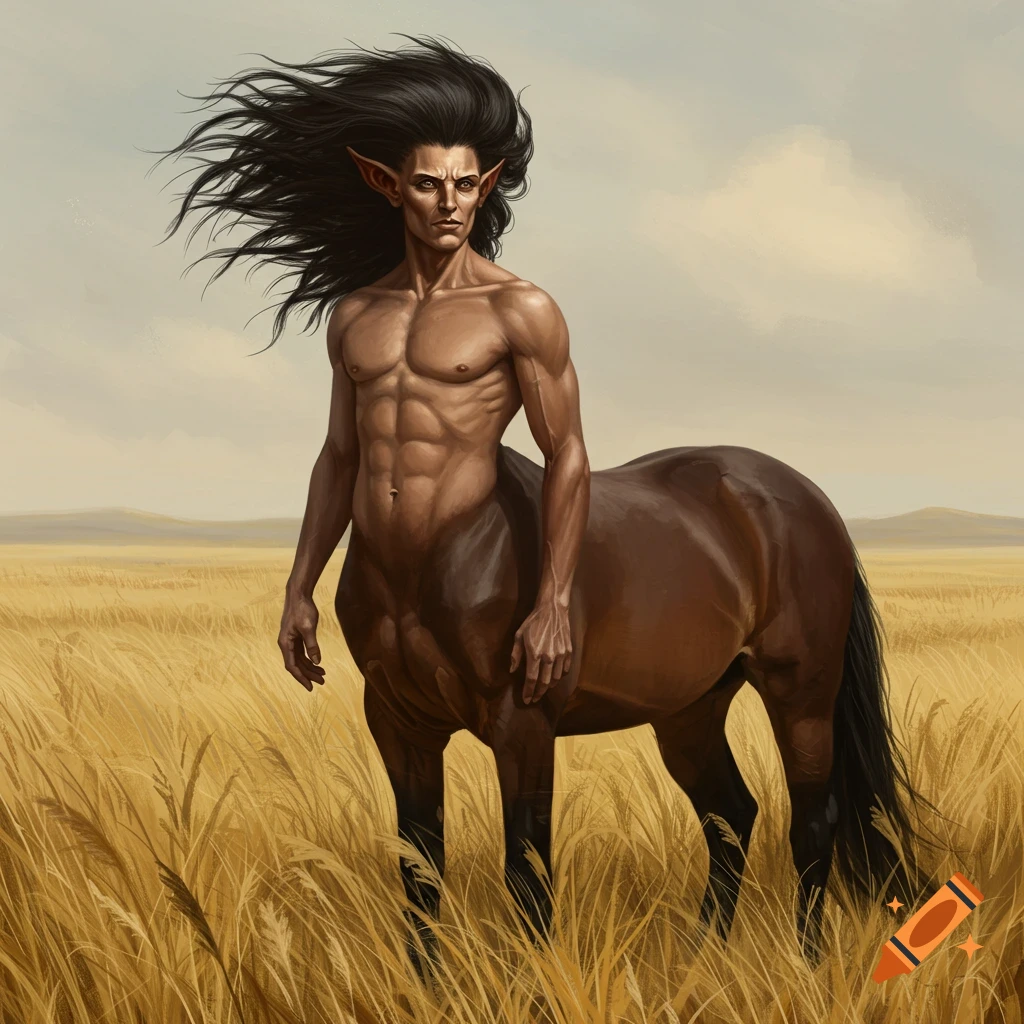 Muscled male centaur with long dark hair standing in a field of tall golden grass.