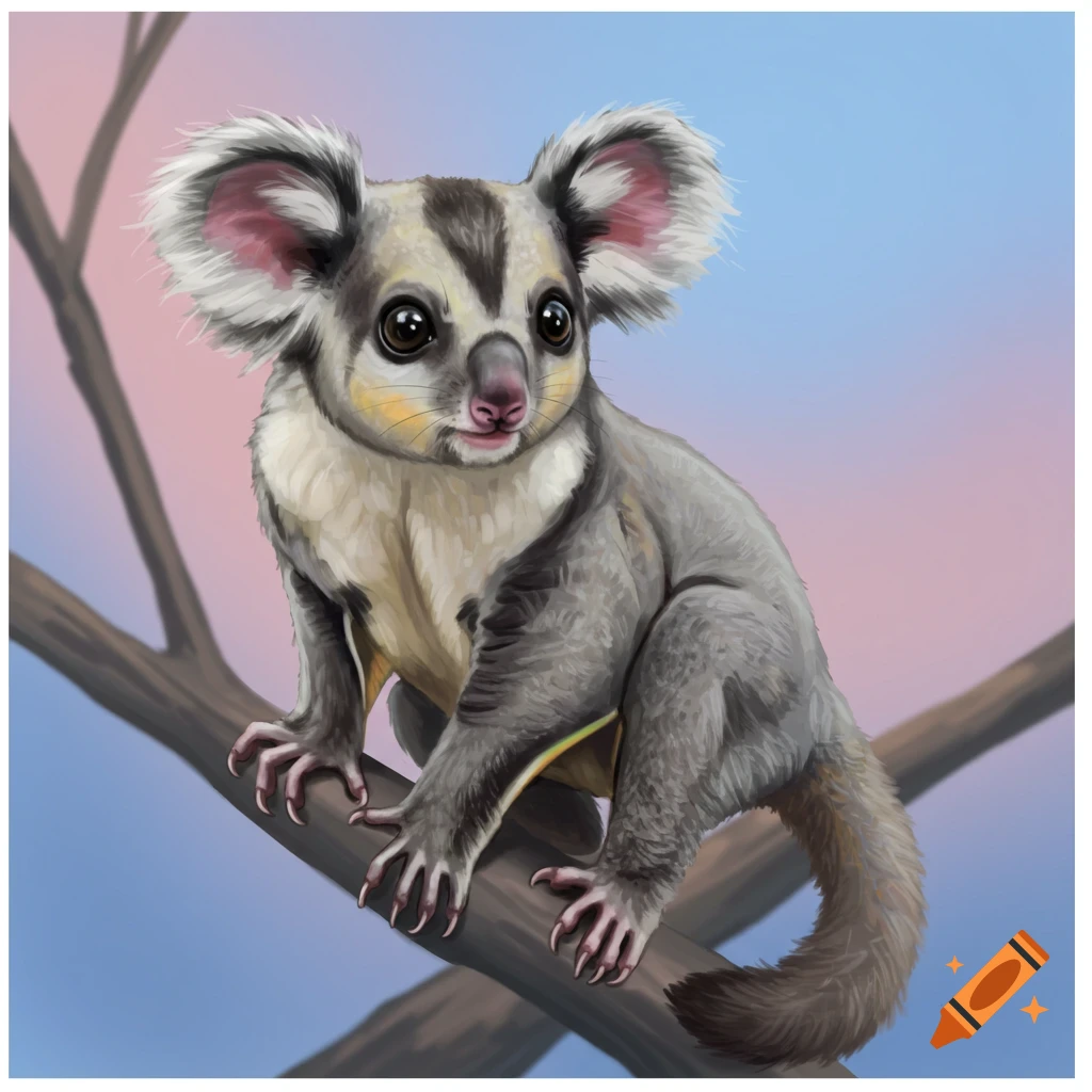 Illustrative painting of a sugar glider koala hybrid sitting on a branch.