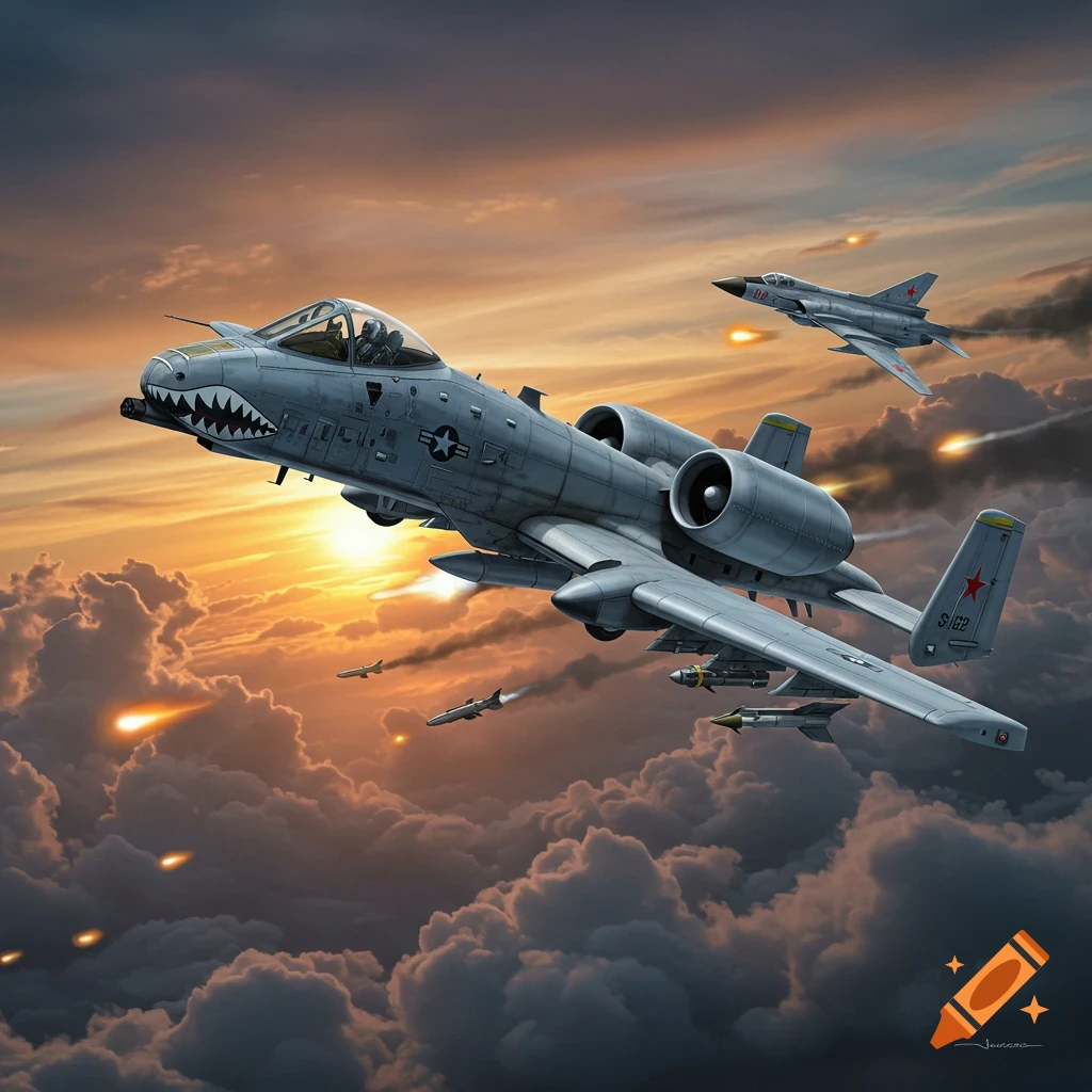 An A-10 Warthog and a MiG-21 fighter jet dogfighting over clouds during a sunset.