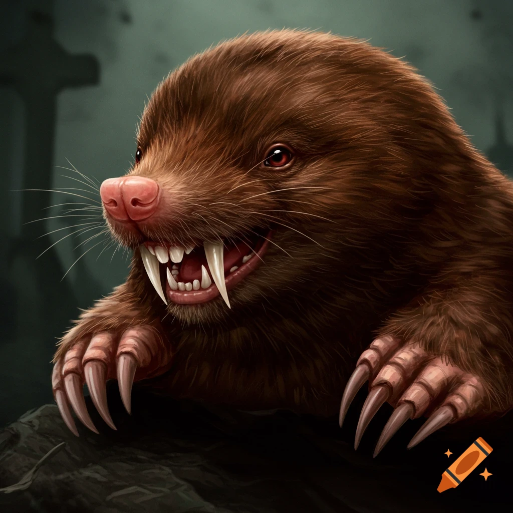 A close-up illustration of a brown mole with large white vampire fangs and sharp claws, in a dark setting.