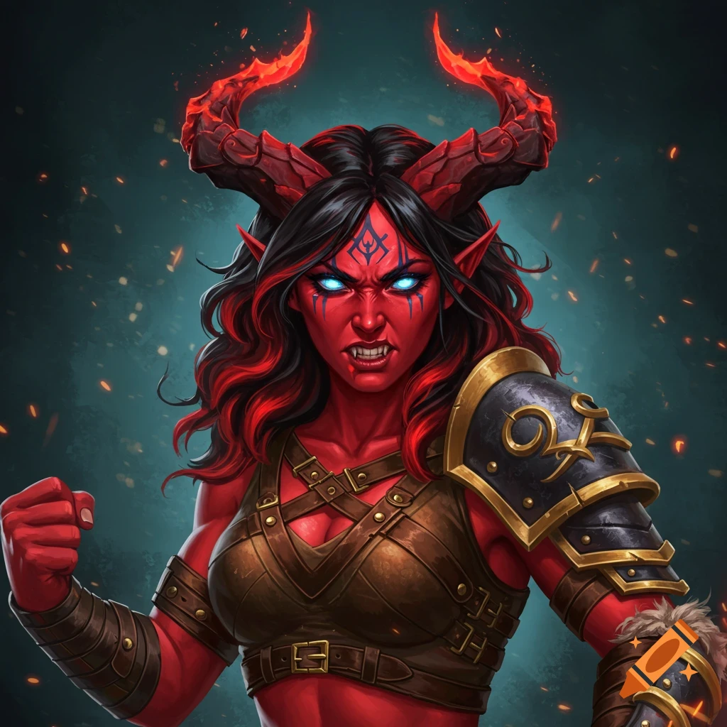 A fierce female tiefling barbarian with red skin, horns, glowing blue eyes, and leather armor.