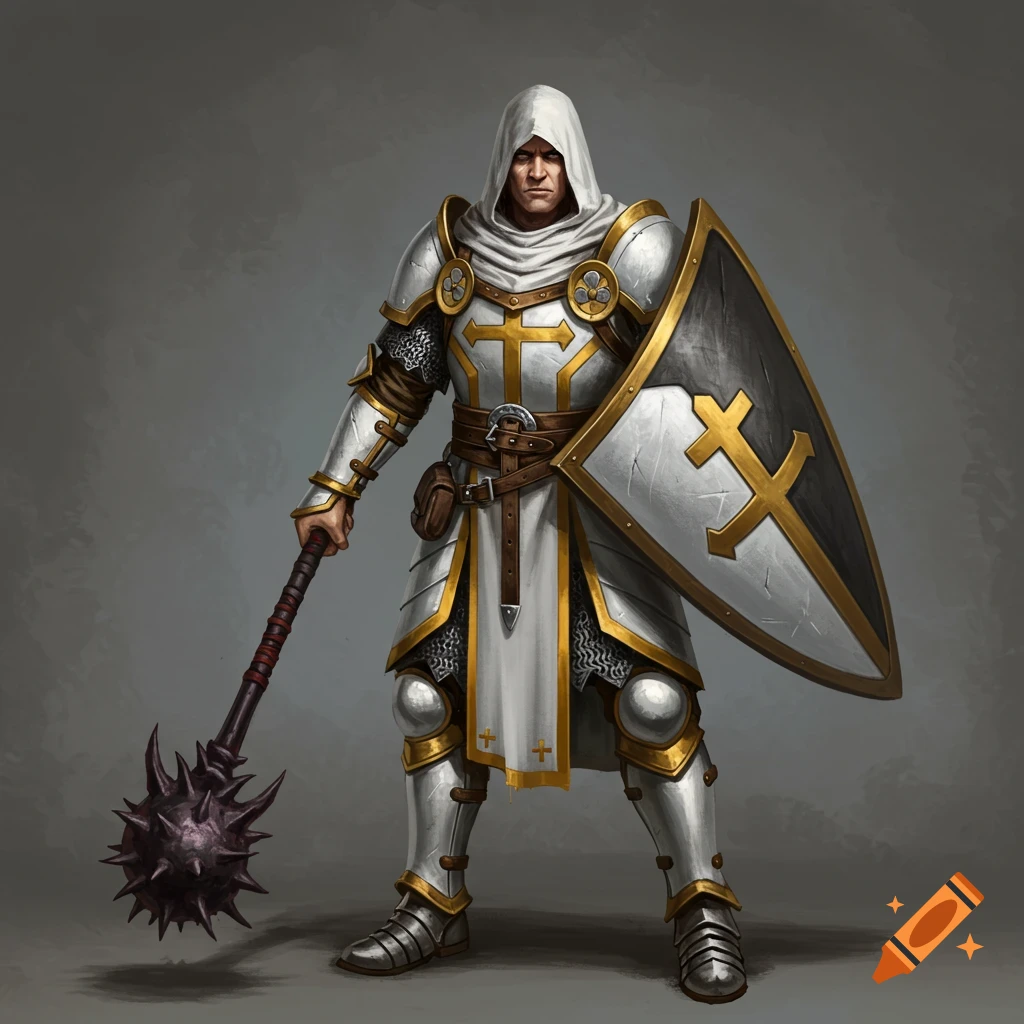 A fantasy warrior in white and silver armor with a hood holds a mace and shield.