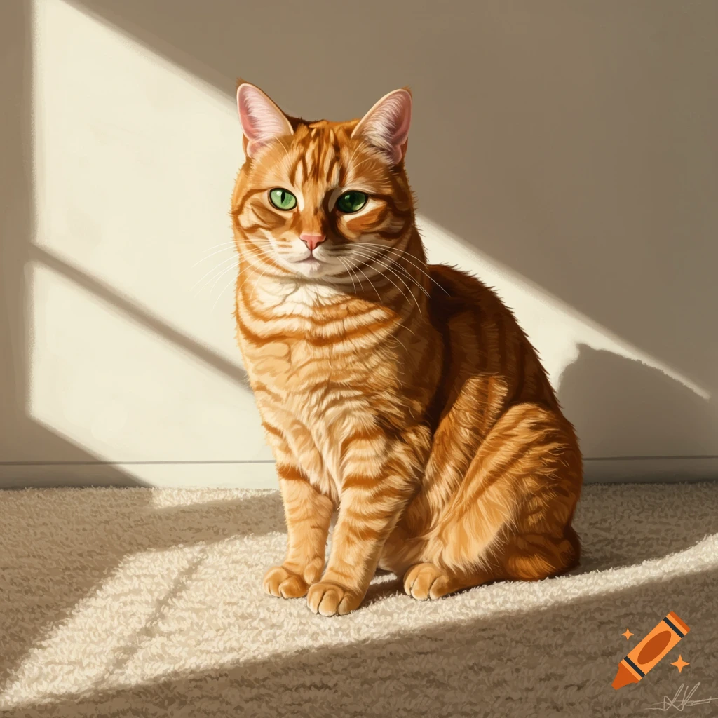Orange tabby cat sitting on a carpet in a sunbeam