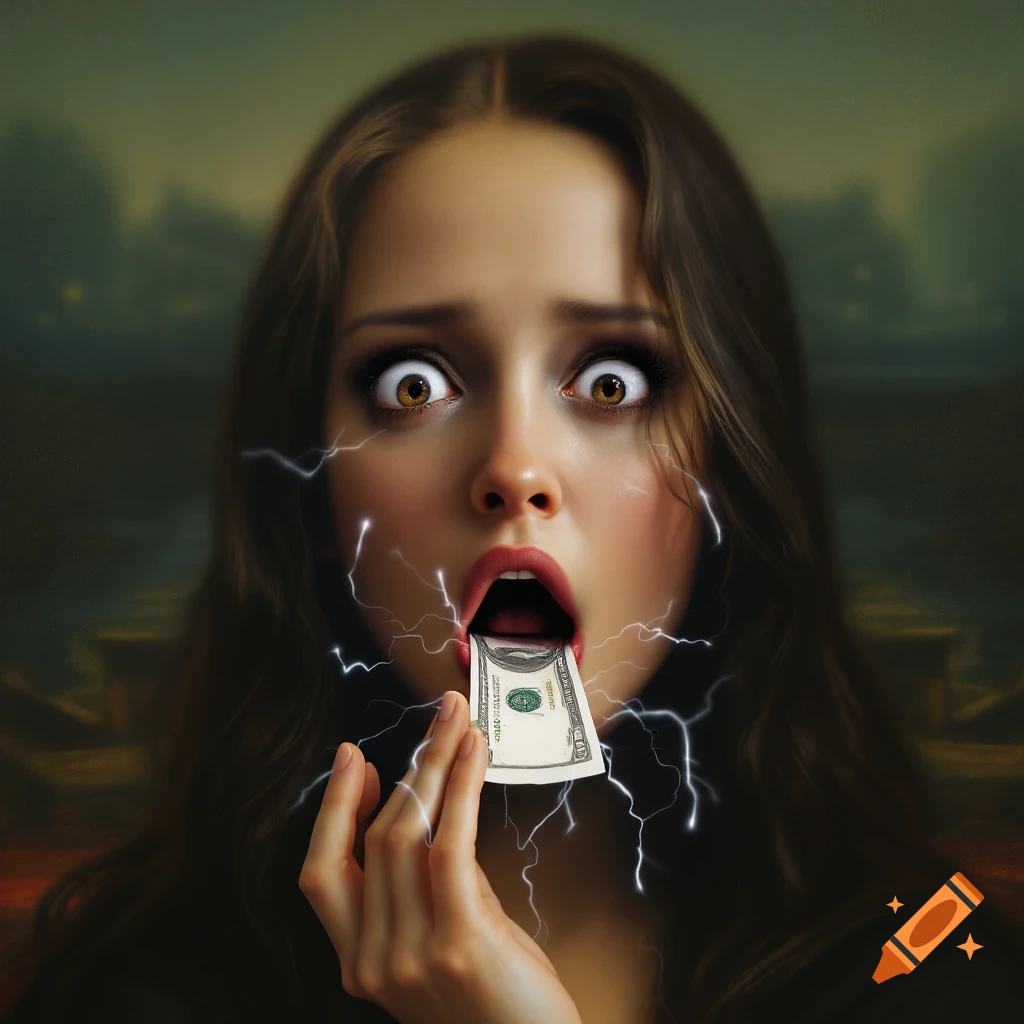 A shocked woman with lightning bolts around her mouth puts a dollar bill into her mouth.