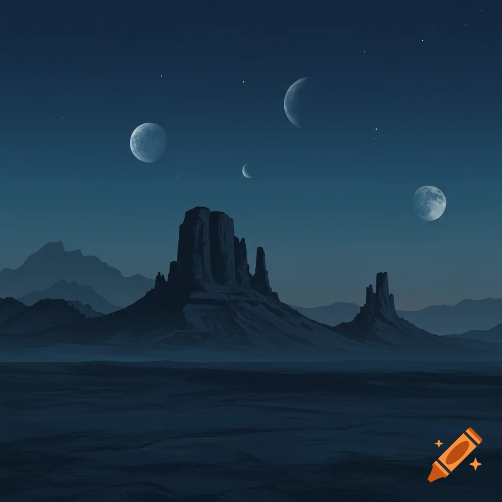Stylized night landscape showing rock formations in a desert under a sky with multiple moons and stars.