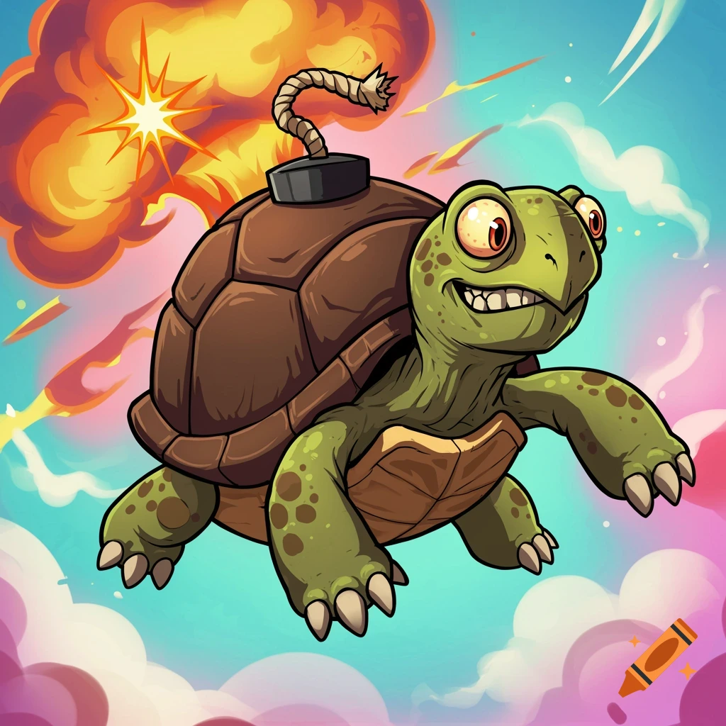 Cartoon turtle flying with a bomb on its back and explosion behind it