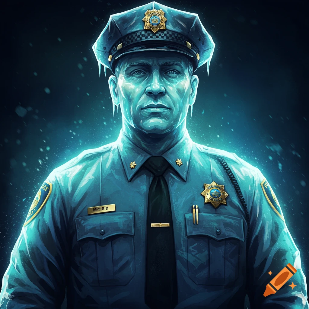 Stylized portrait of an ice sculpture police officer
